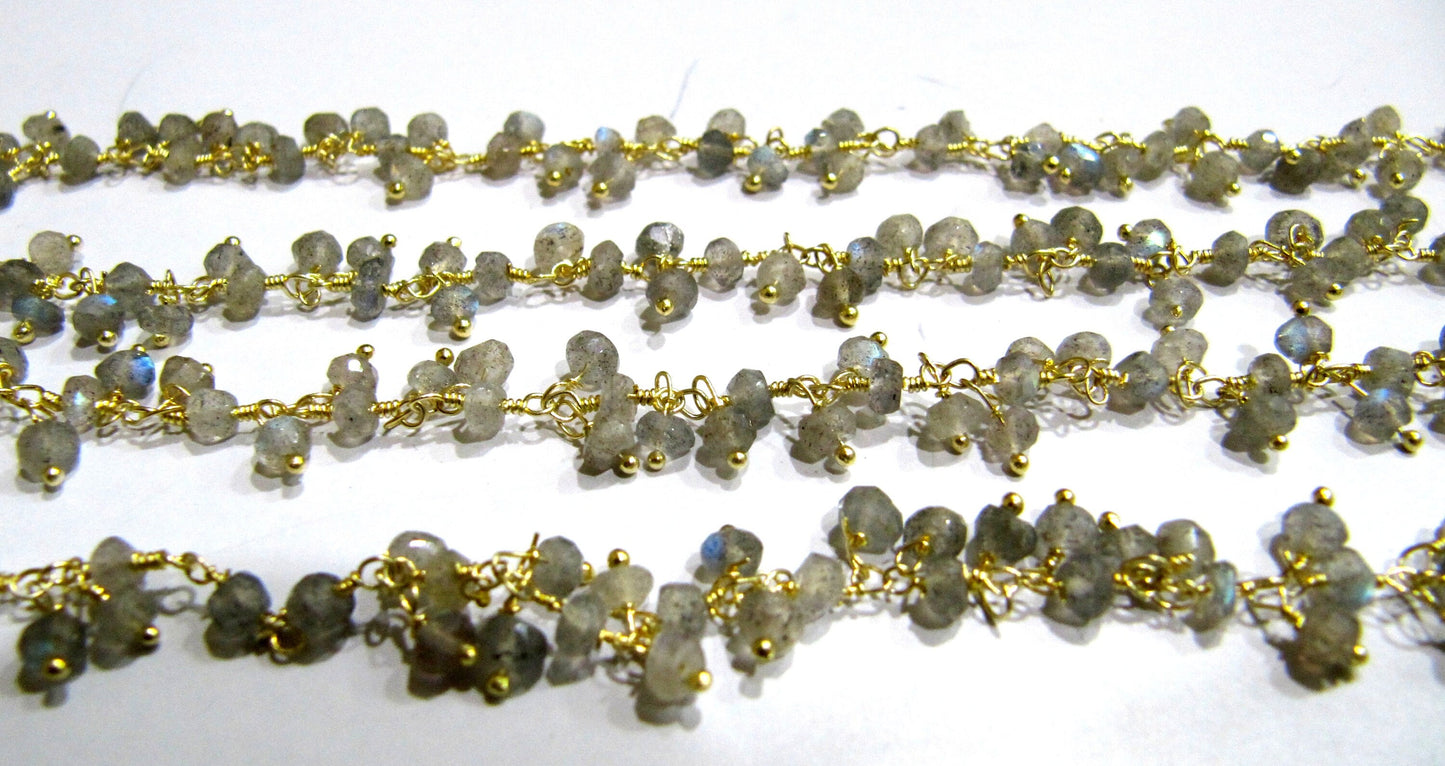 1 Foot -: Natural Labradorite Rondelle Faceted 3mm Size Beaded Wire Wrapped Dangling Cluster Rosary Chain Wholesale Prices
