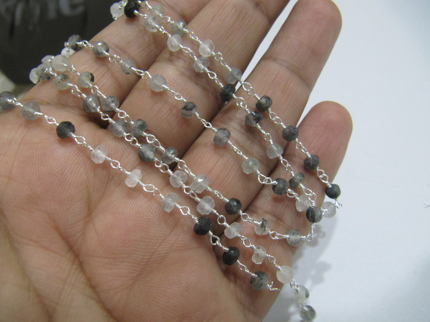 Natural Black Rutilated Quartz Rondelle Faceted 4mm Beaded Wire Wrapped Rosary Chain Wholesale Prices Jewelry making Chain sold per foot