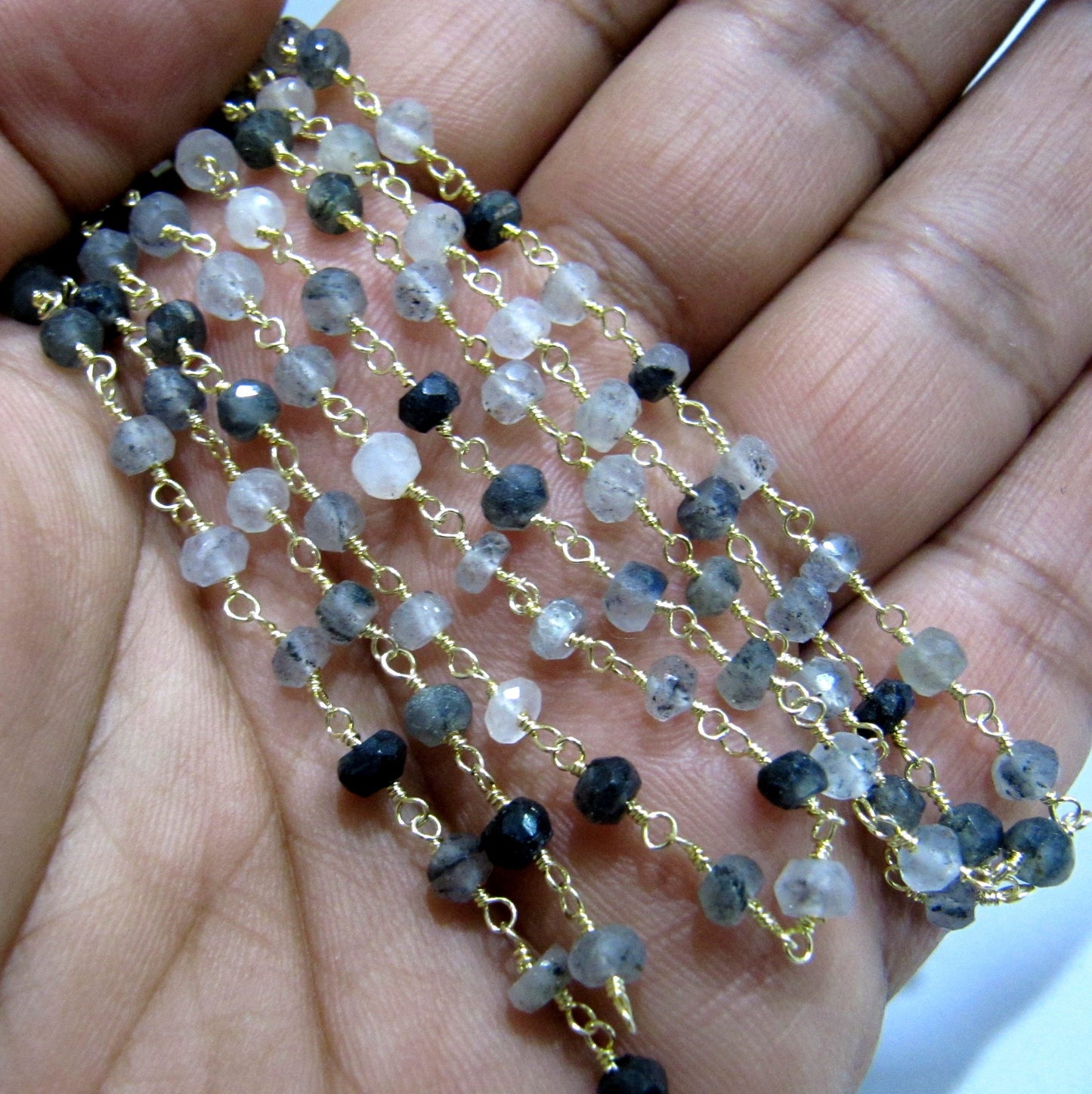 Natural Black Rutilated Quartz Rondelle Faceted 4mm Beaded Wire Wrapped Rosary Chain Wholesale Prices Jewelry making Chain sold per foot