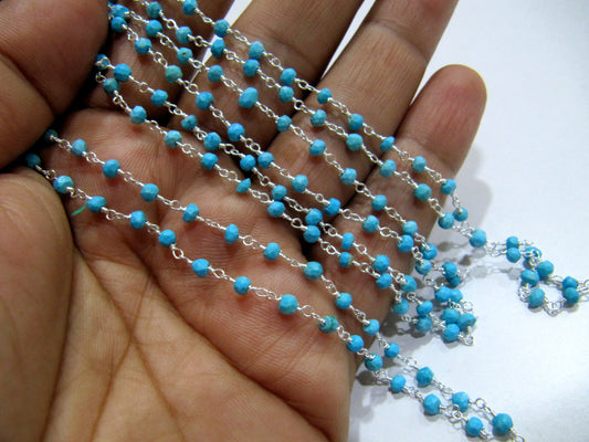 1 Foot -: Turquoise Magnesite Rondelle Faceted 3-4mm Beaded Wire Wrapped Rosary Chain Wholesale Prices Jewelry making chain