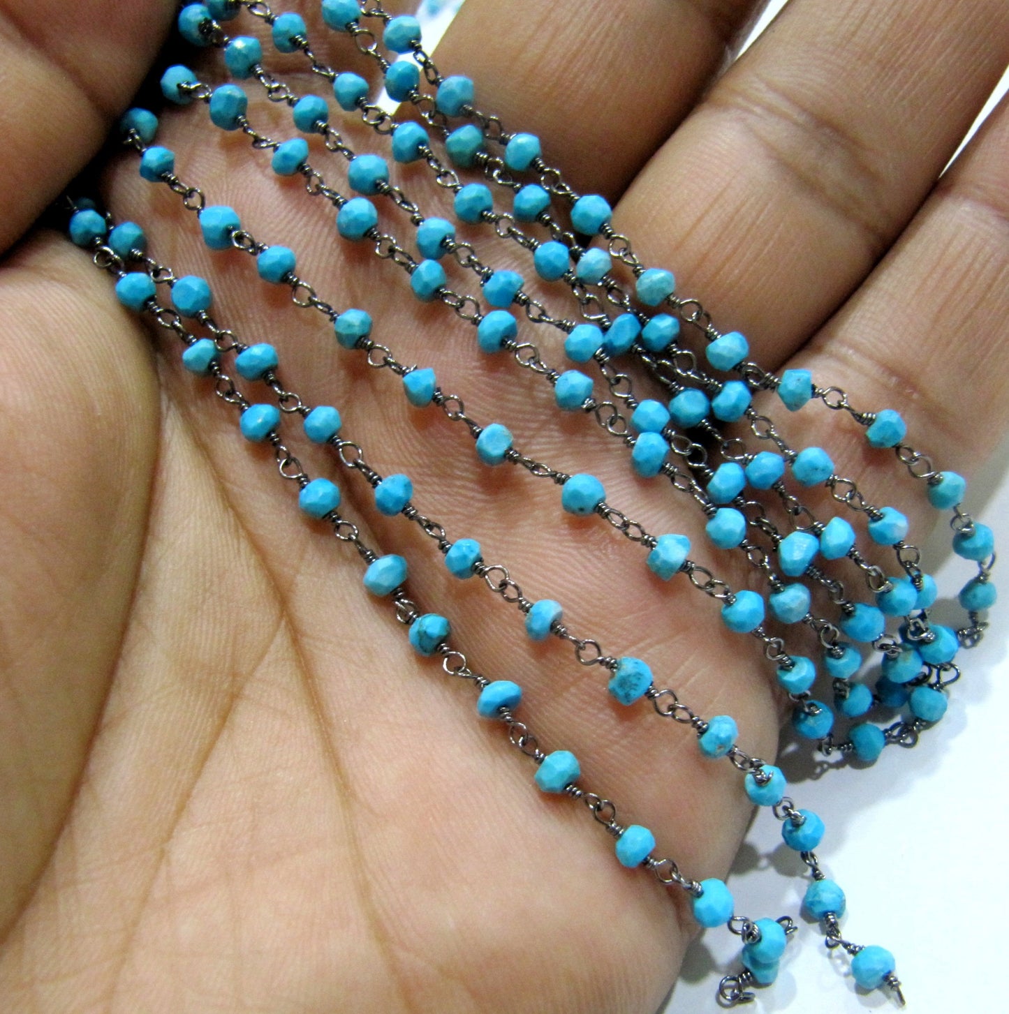 1 Foot -: Turquoise Magnesite Rondelle Faceted 3-4mm Beaded Wire Wrapped Rosary Chain Wholesale Prices Jewelry making chain