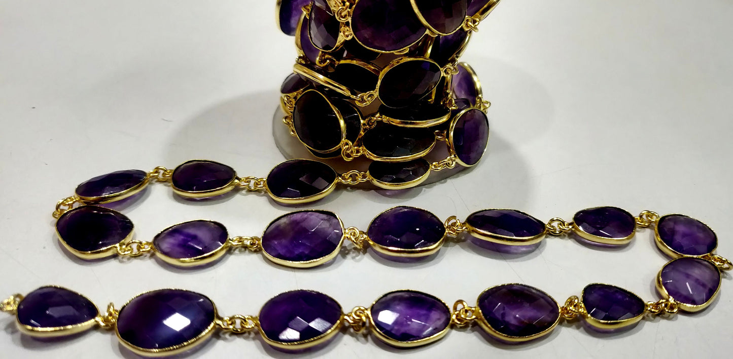 Natural Amethyst Nugget Briolette Connector Chain Uneven Free Shape  10 to 15mm Sold Per Foot High Quality Bezel