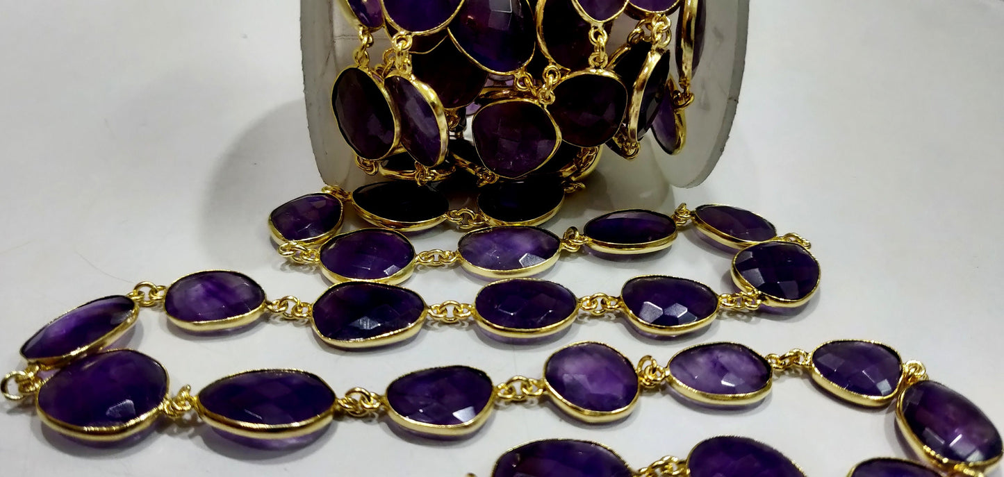 Natural Amethyst Nugget Briolette Connector Chain Uneven Free Shape  10 to 15mm Sold Per Foot High Quality Bezel