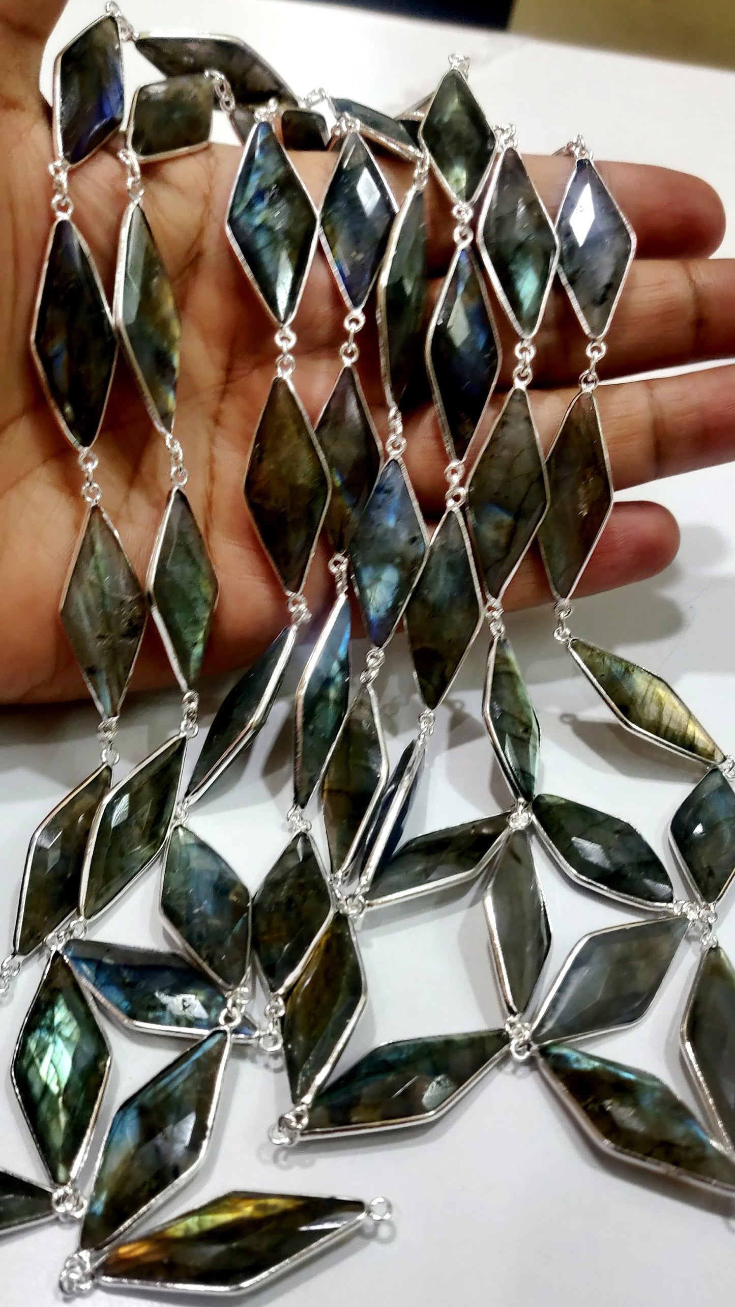 Natural Labradorite  Marquise Fancy Shape Size 14x34mm Laser Cut Briolette Connector Chain Gold/Silver/Black/Rose Gold Plated Sold Per Foot