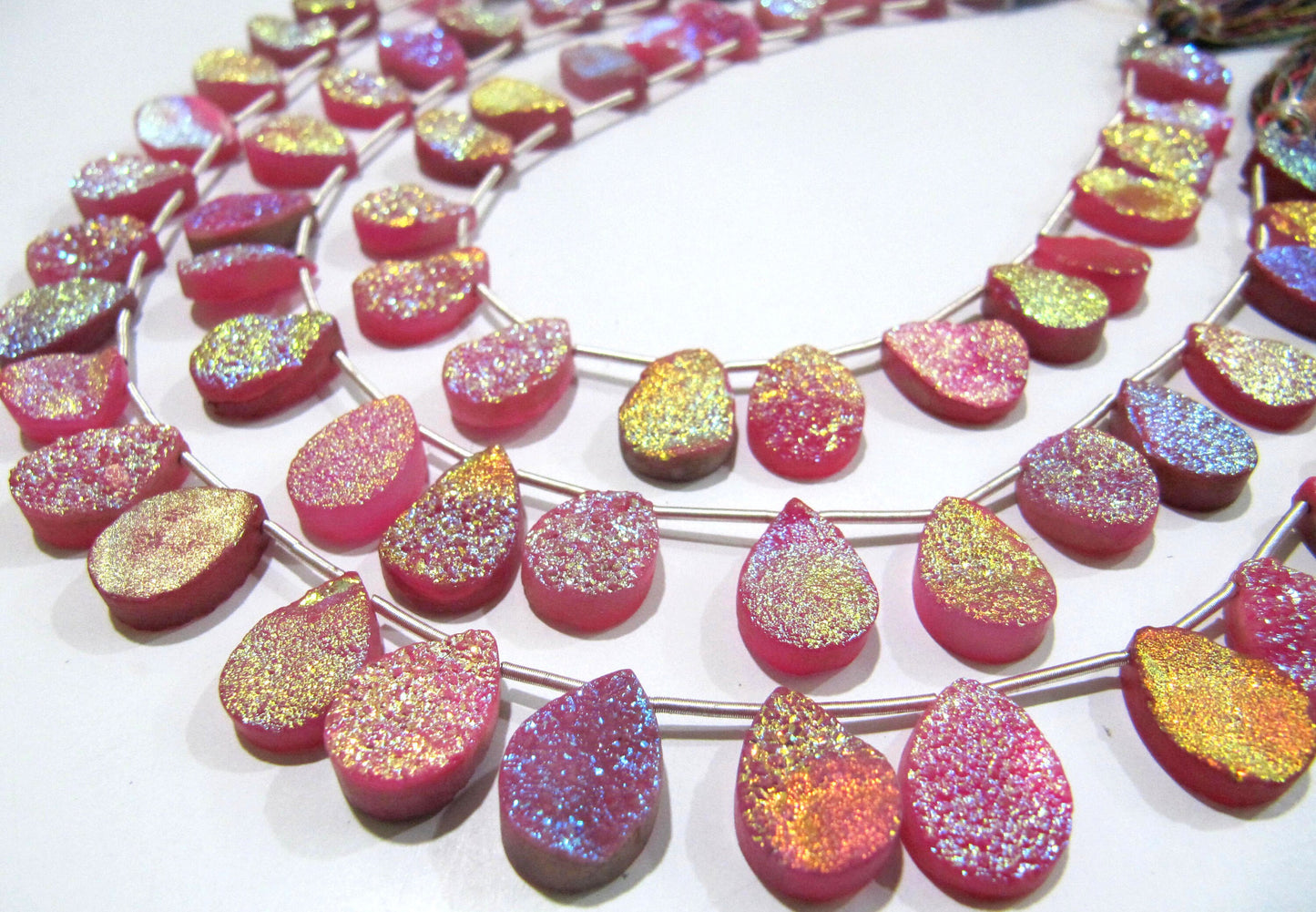 Natural Titanium Coated Agate Pink Druzy Pear Shape Beads Jewelry Making Bead Strand 10 Inches Long Sold Per Strand