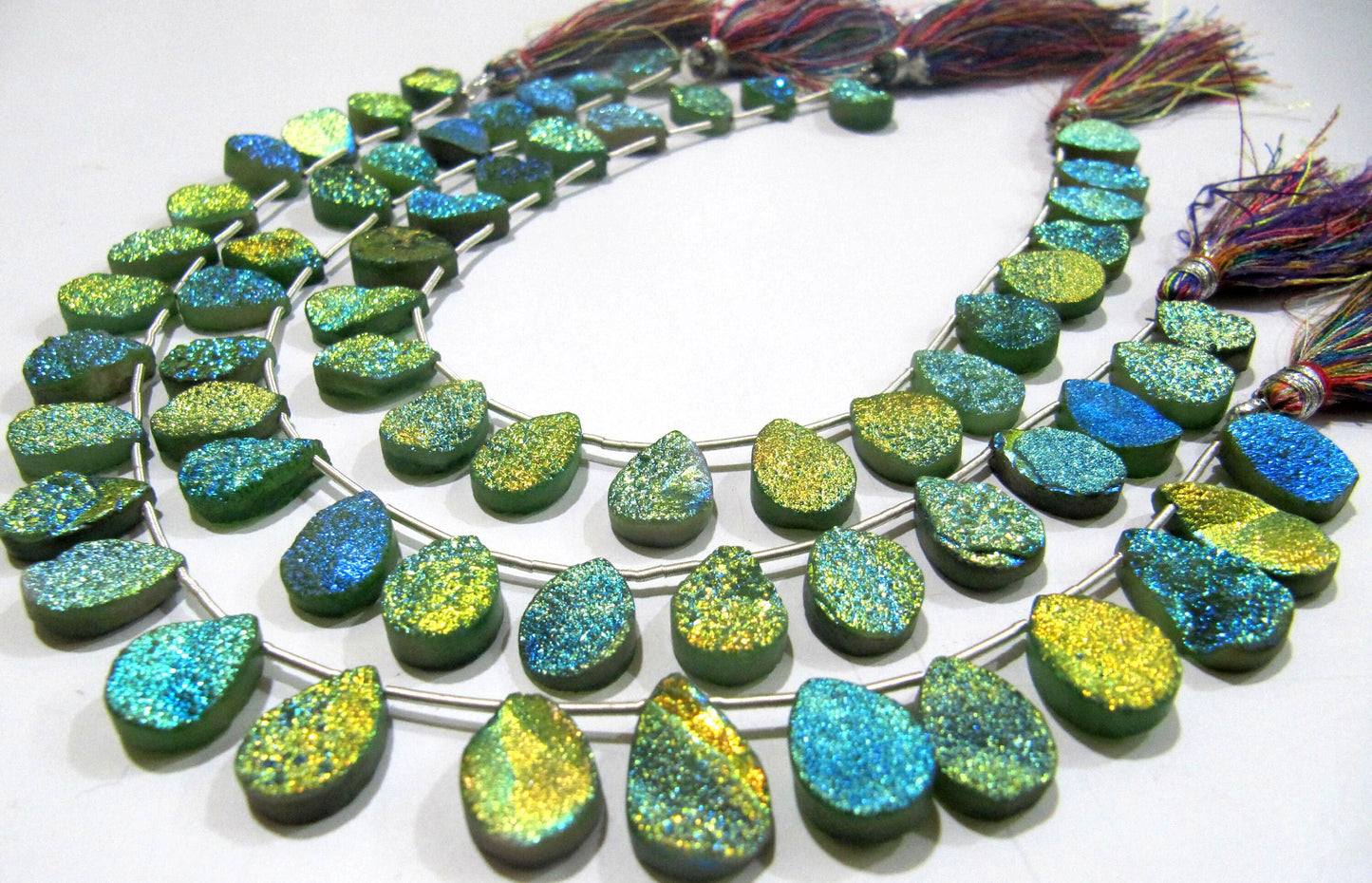 Natural Titanium Coated Agate Green Druzy Pear Shape Beads Jewelry Making Bead Strand 10 Inches Long Sold Per Strand