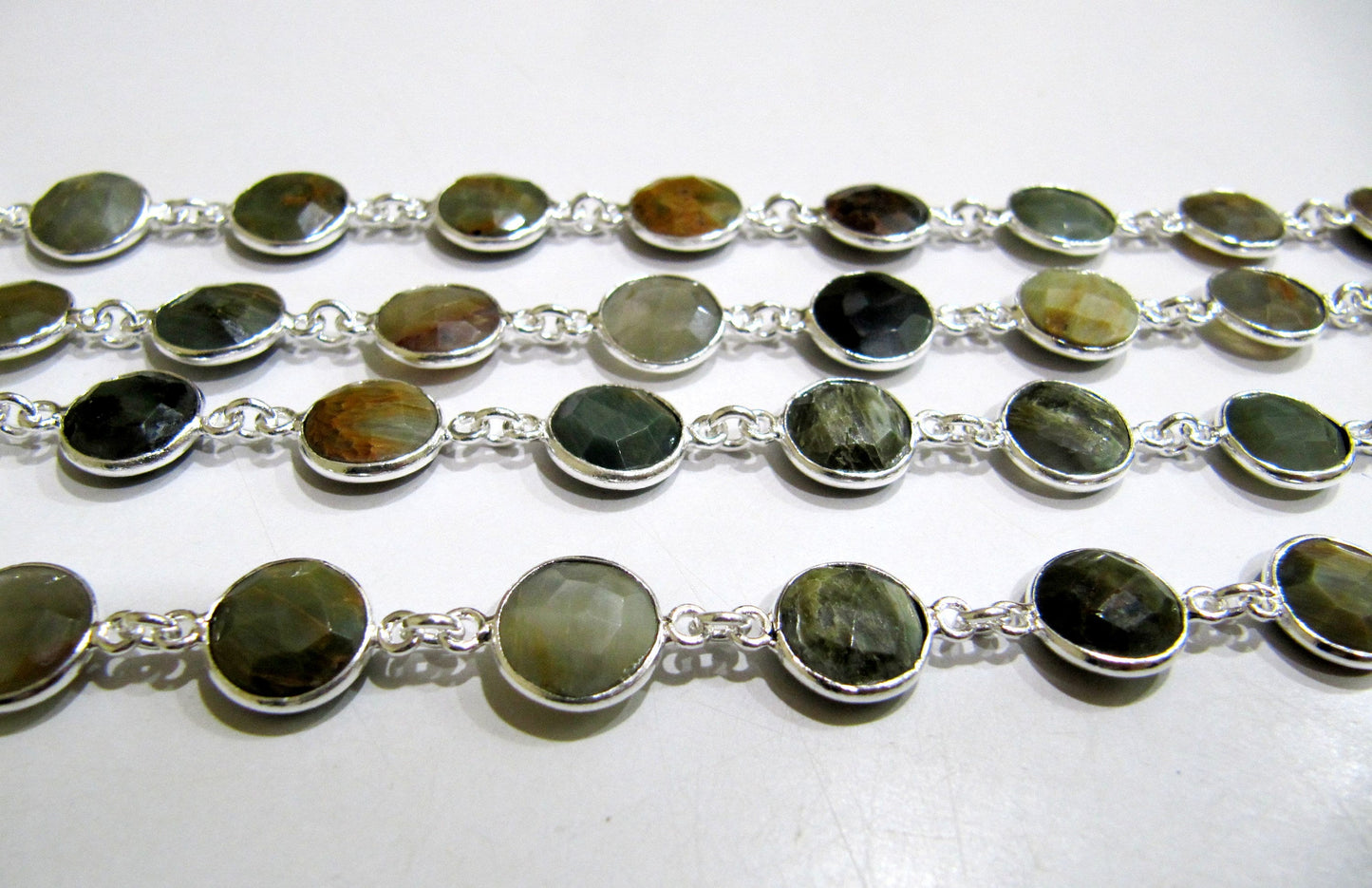 Natural Cat's Eye  Round Coin Shape Briolette Faceted 10mm Bezel Connector Chain Best quality Wholesale Prices Sold Per Foot