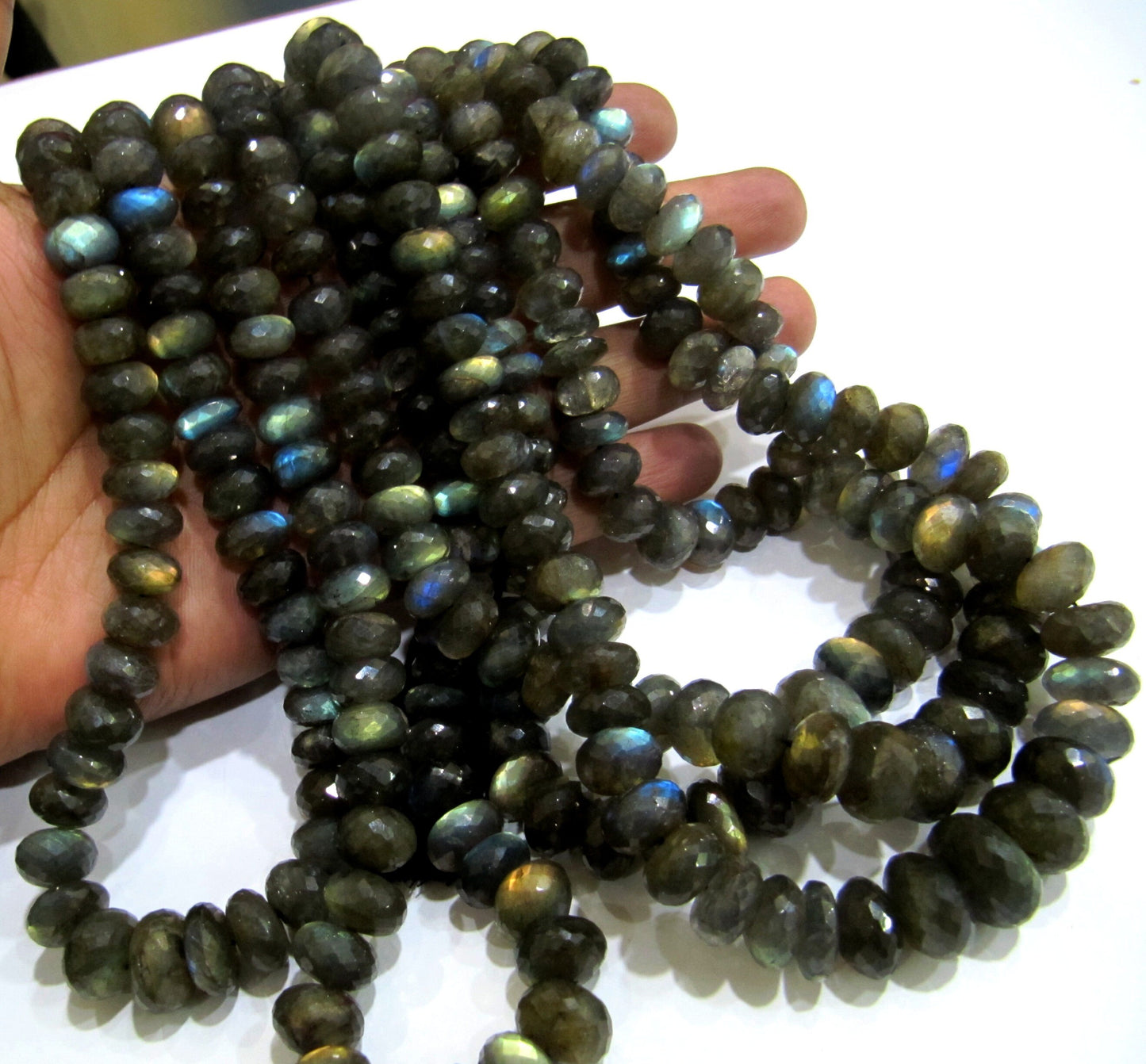Natural Labradorite Rondelle Faceted Blue flashy 11 to 14mm Size Graduated Top Quality Beads Strand 8 Inches Long Wholesale Prices