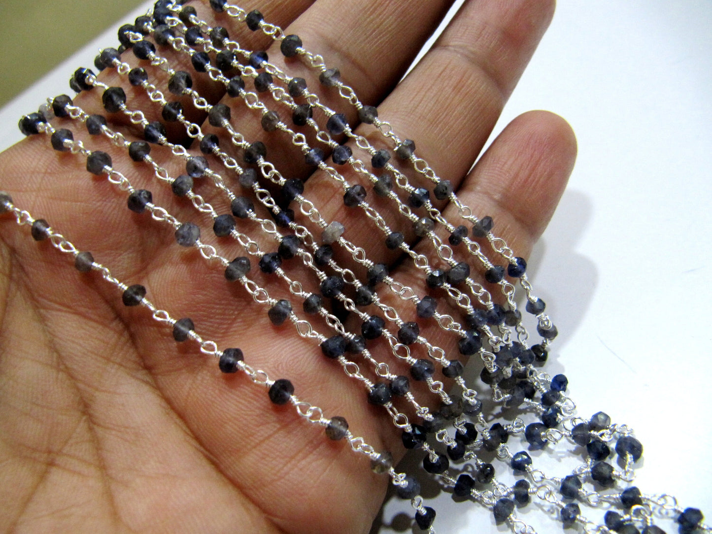 Natural Iolite Rondelle Faceted 3-4mm Beaded Wire Wrapped Rosary Chain Wholesale Prices Jewelry making Chain sold per foot