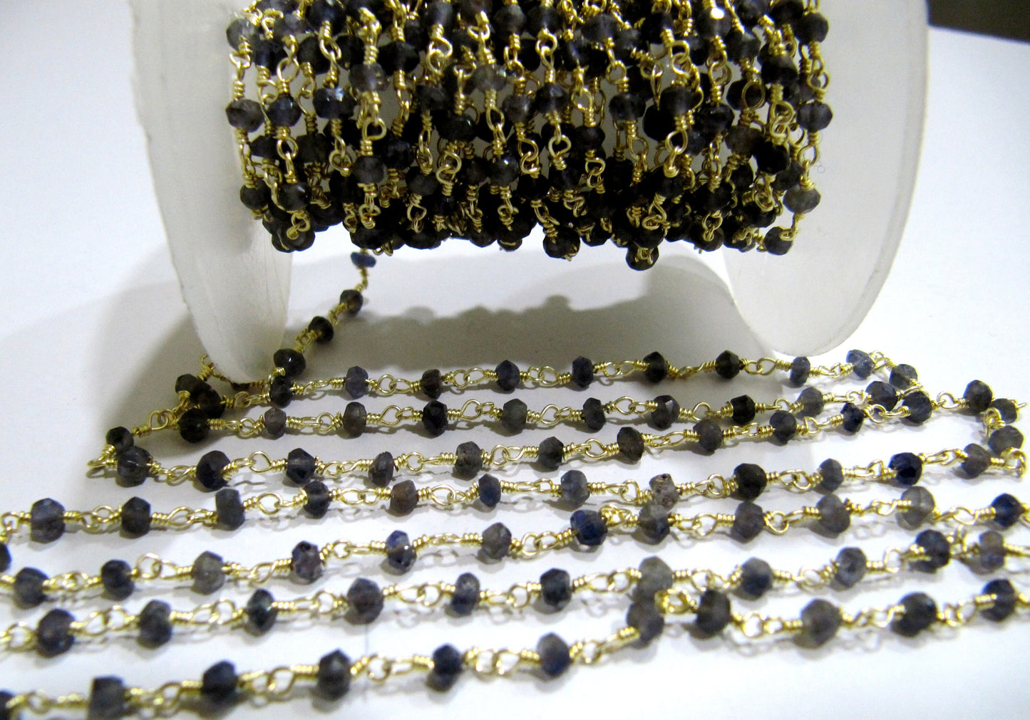 Natural Iolite Rondelle Faceted 3-4mm Beaded Wire Wrapped Rosary Chain Wholesale Prices Jewelry making Chain sold per foot