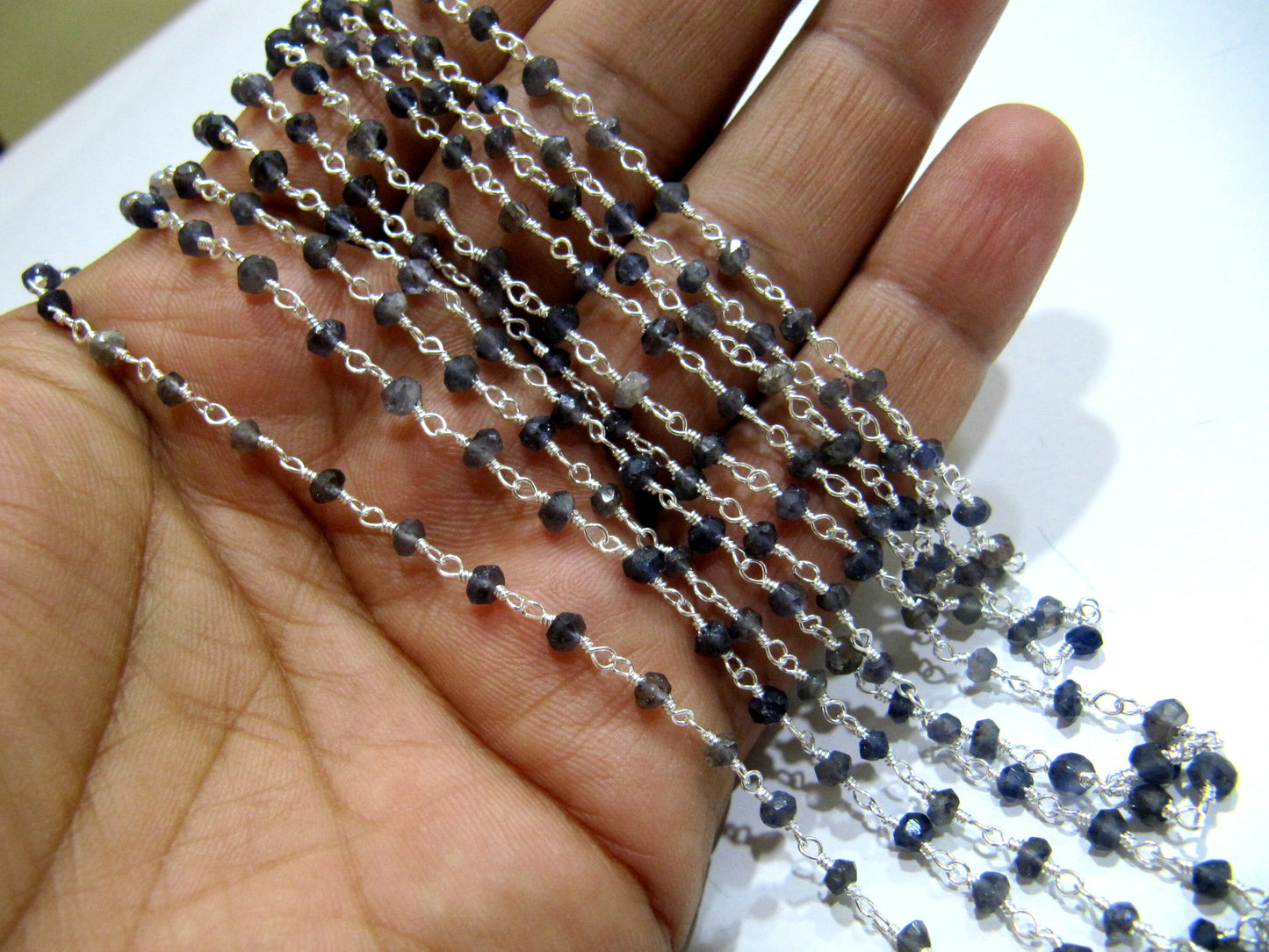 Natural Iolite Rondelle Faceted 3-4mm Beaded Wire Wrapped Rosary Chain Wholesale Prices Jewelry making Chain sold per foot
