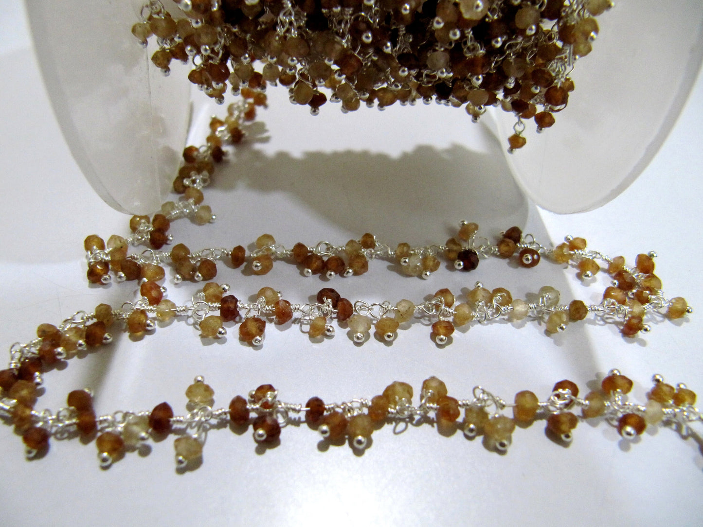 Natural Hessonite Garnet Rondelle Faceted 3mm Size Beaded Wire Wrapped Dangling cluster Chain Jewelry making Gemstone Chain Sold Per foot