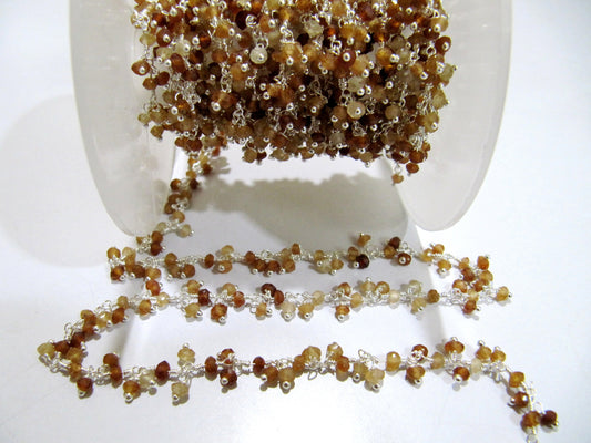 Natural Hessonite Garnet Rondelle Faceted 3mm Size Beaded Wire Wrapped Dangling cluster Chain Jewelry making Gemstone Chain Sold Per foot