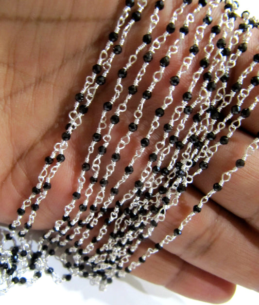 1 Foot -: Natural Black Spinel Rondelle Micro Faceted 2mm Size  Beaded Wire Wrapped Rosary Chain Wholesale Prices Jewelry making Chain