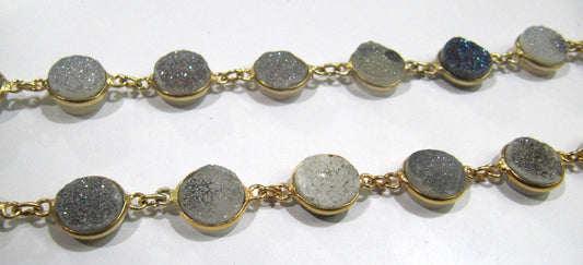 1 Foot -: Natural White Sugar Druzy Round Coin Shape 10mm Gold Plated Bezel Connector Chain Sold Per Foot Wholesale Prices