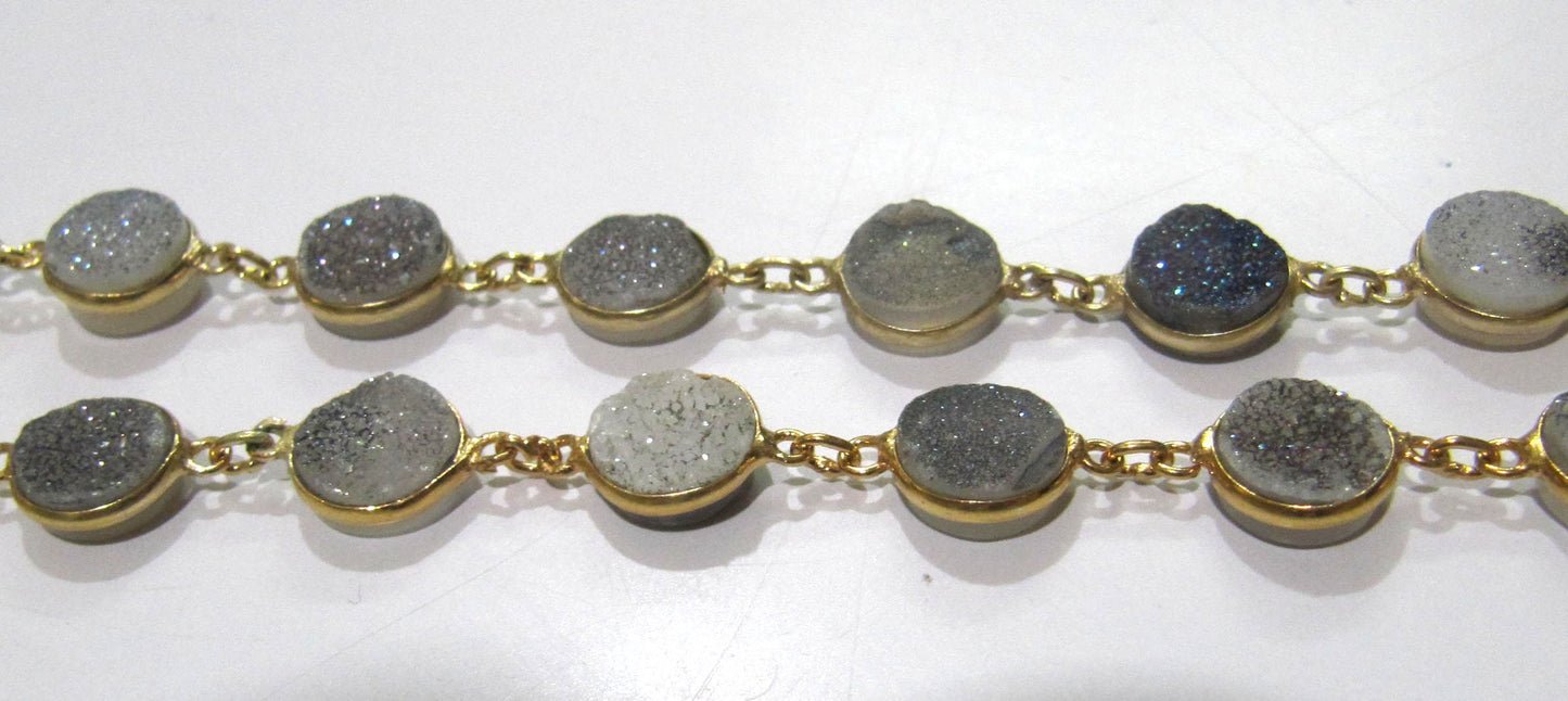 1 Foot -: Natural White Sugar Druzy Round Coin Shape 10mm Gold Plated Bezel Connector Chain Sold Per Foot Wholesale Prices