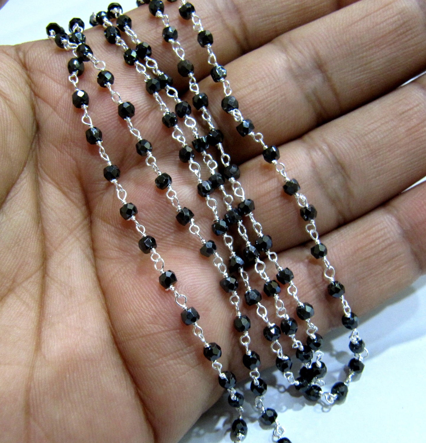 Natural Black CZ Rondelle Micro Faceted 3mm Size Beaded Cubic Zircon Wire Wrapped Rosary Chain Wholesale Prices sold per foot