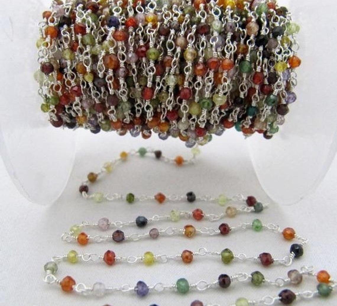 Multi color Zircon Rondelle Faceted 3-4mm Beaded Rosary Chain Handmade CZ Beads chain sold per foot