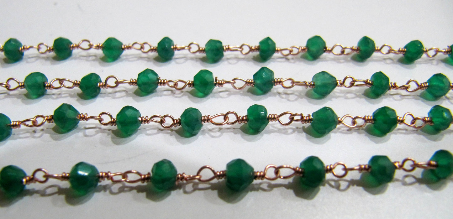 1 Foot -: Natural Green Onyx Rondelle Faceted 3-4mm Size Gemstone Beaded Wire Wrapped Rosary chain Wholesale Prices handmade chain