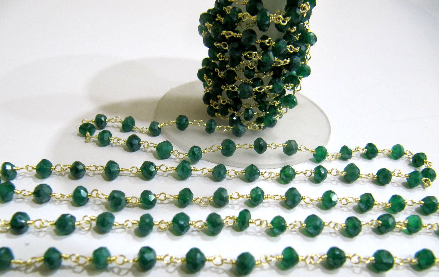 Natural Green onyx Rondelle Faceted 3-4mm Size Beaded Wire Wrapped Rosary chain Wholesale Prices Jewelry making chain sold per foot