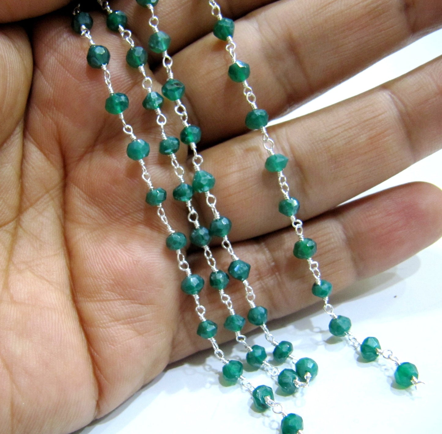 Natural Green onyx Rondelle Faceted 3-4mm Size Beaded Wire Wrapped Rosary chain Wholesale Prices Jewelry making chain sold per foot