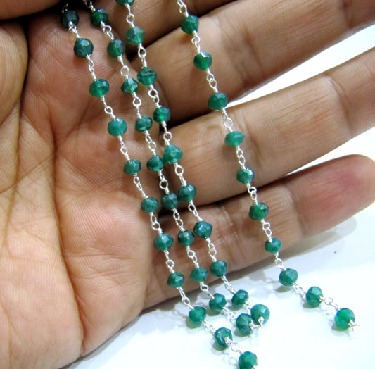 Natural Green onyx Rondelle Faceted 3-4mm Size Beaded Wire Wrapped Rosary chain Wholesale Prices Jewelry making chain sold per foot