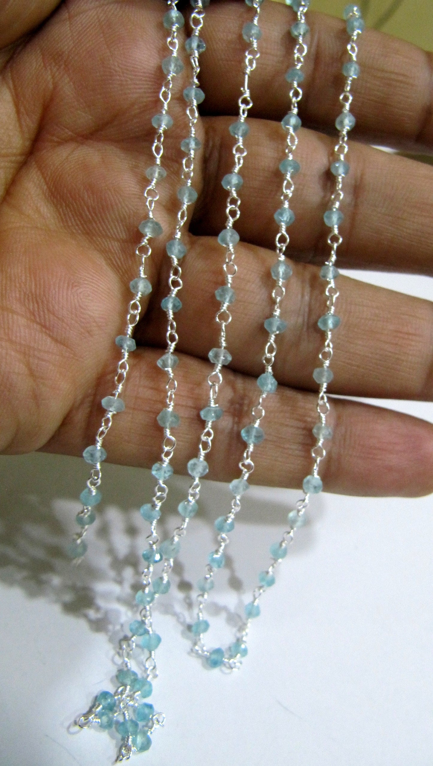 Natural Blue Apatite Rondelle Faceted Bead 3-4mm  Rosary Wire Wrapped  Handmade Beaded Chain Wholesale Prices sold per foot