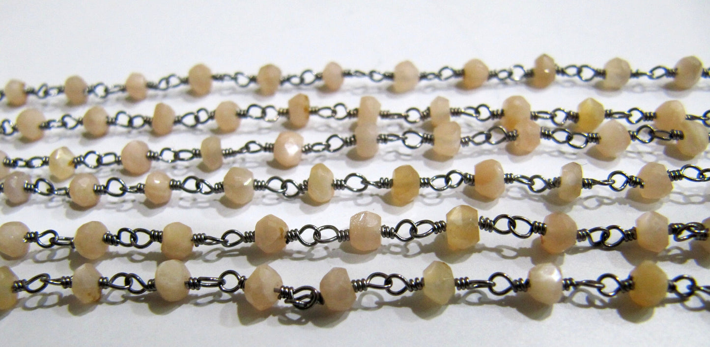 3 Feet-Natural Peach Moonstone Rondelle Faceted Beaded Rosary Chain 3-4mm  Wire Wrapped Beaded Chain Wholesale Prices