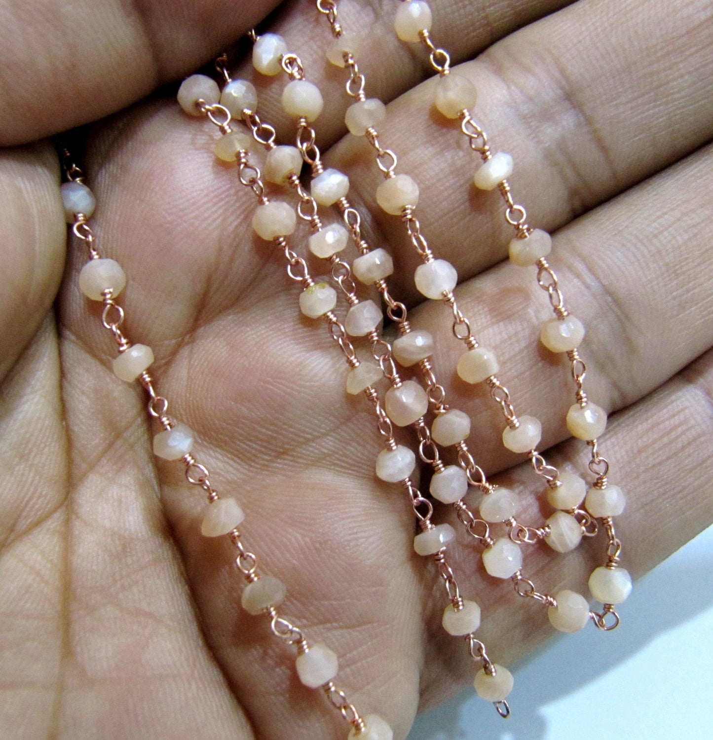 3 Feet-Natural Peach Moonstone Rondelle Faceted Beaded Rosary Chain 3-4mm  Wire Wrapped Beaded Chain Wholesale Prices