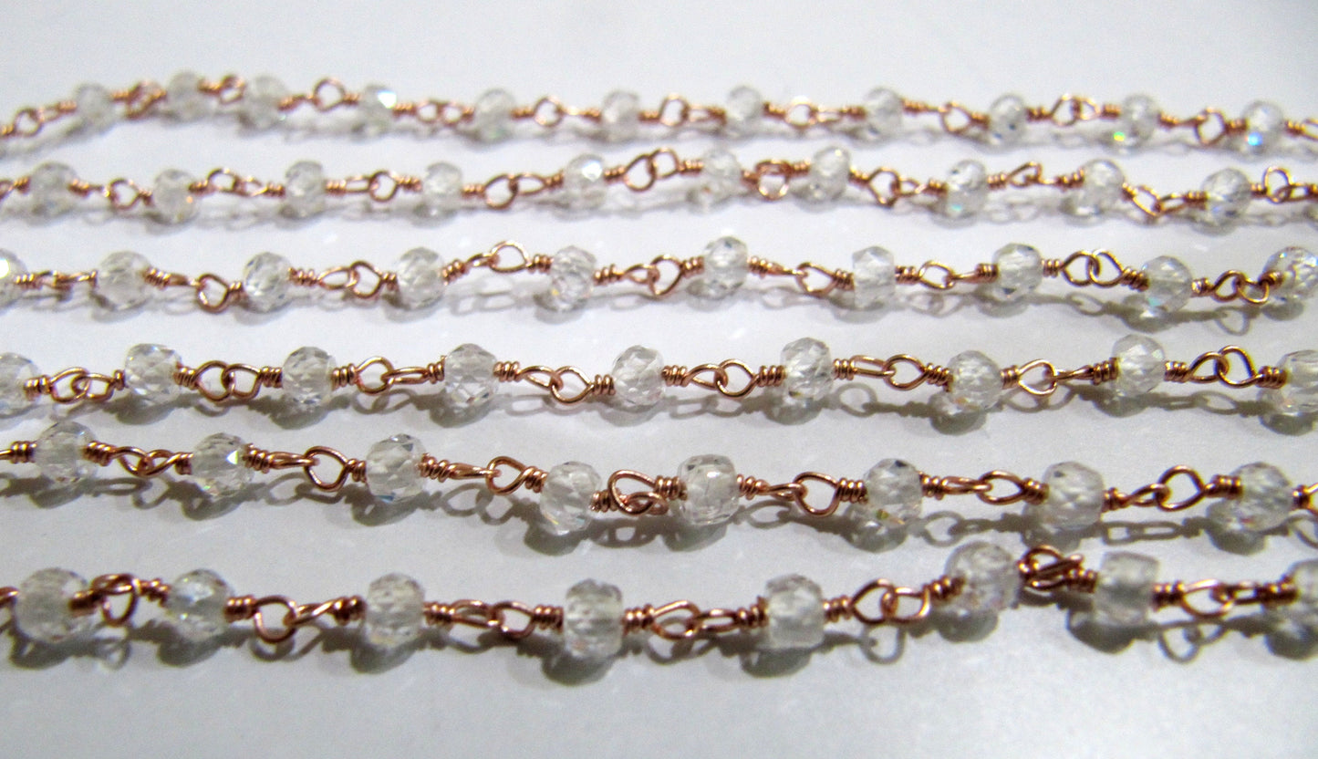 1 Foot -: White Cubic Zircon Rondelle Faceted 3-4mm Size Beaded Wire Wrapped Rosary Handmade chain Wholesale Prices Jewelry making chain