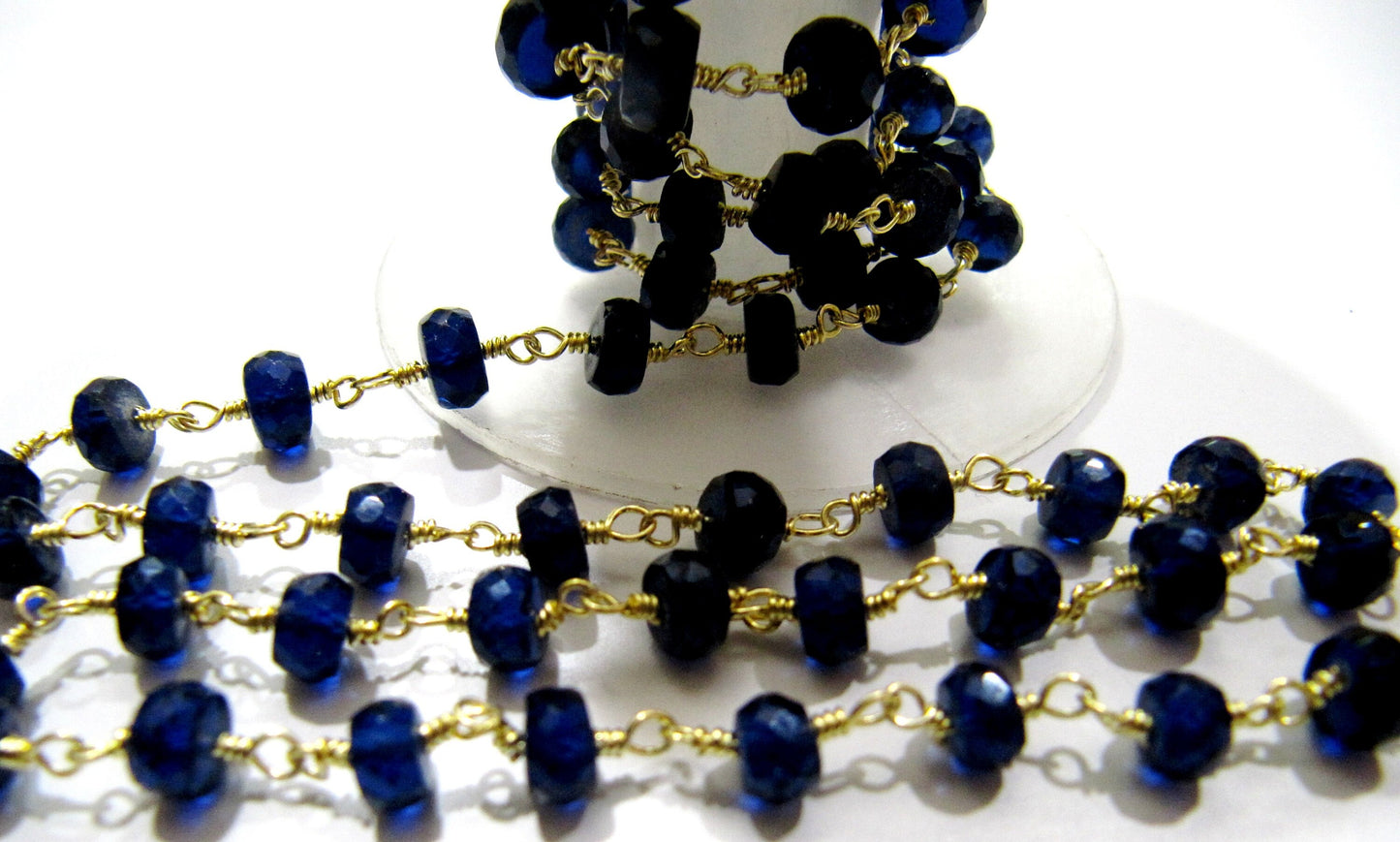 Blue Sapphire Rondelle Faceted  5 to 8mm Size Graduated Beaded Wire Wrapped Chain Jewelry making Chain Wholesale Prices Sold per foot