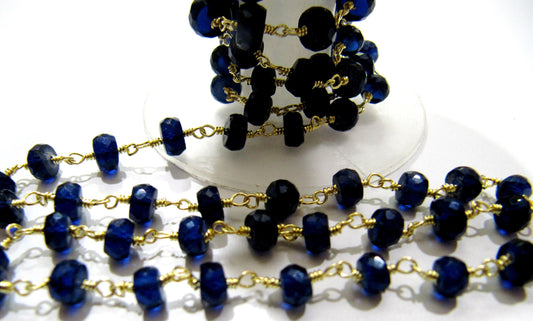 Blue Sapphire Rondelle Faceted  5 to 8mm Size Graduated Beaded Wire Wrapped Chain Jewelry making Chain Wholesale Prices Sold per foot