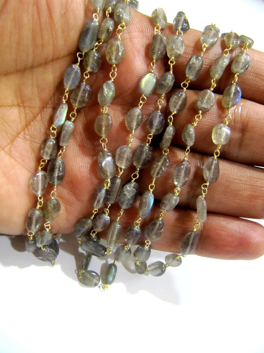 Natural Labradorite Oval Shape Plain Smooth 6x8mm Approx Size Beaded Wire Wrapped Rosary Chain Wholesale Prices sold per foot