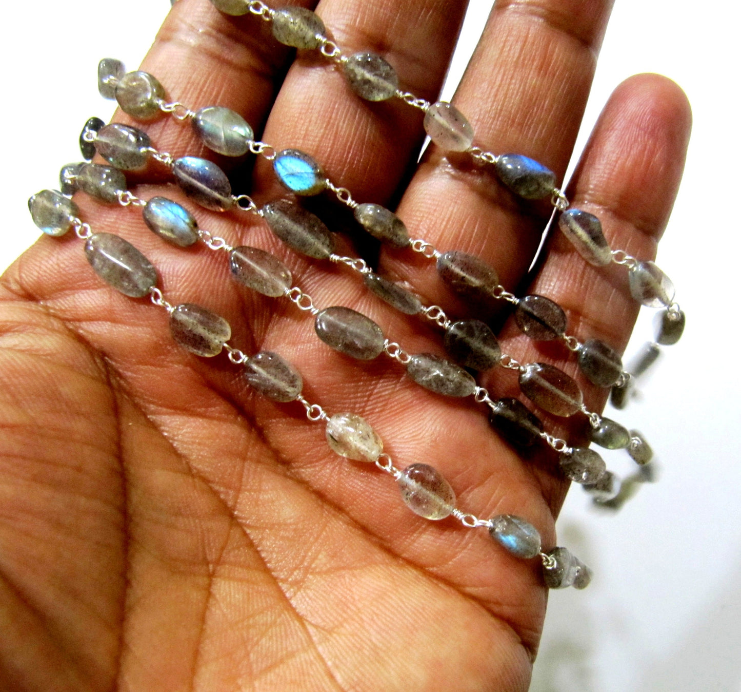 Natural Labradorite Oval Shape Plain Smooth 6x8mm Approx Size Beaded Wire Wrapped Rosary Chain Wholesale Prices sold per foot
