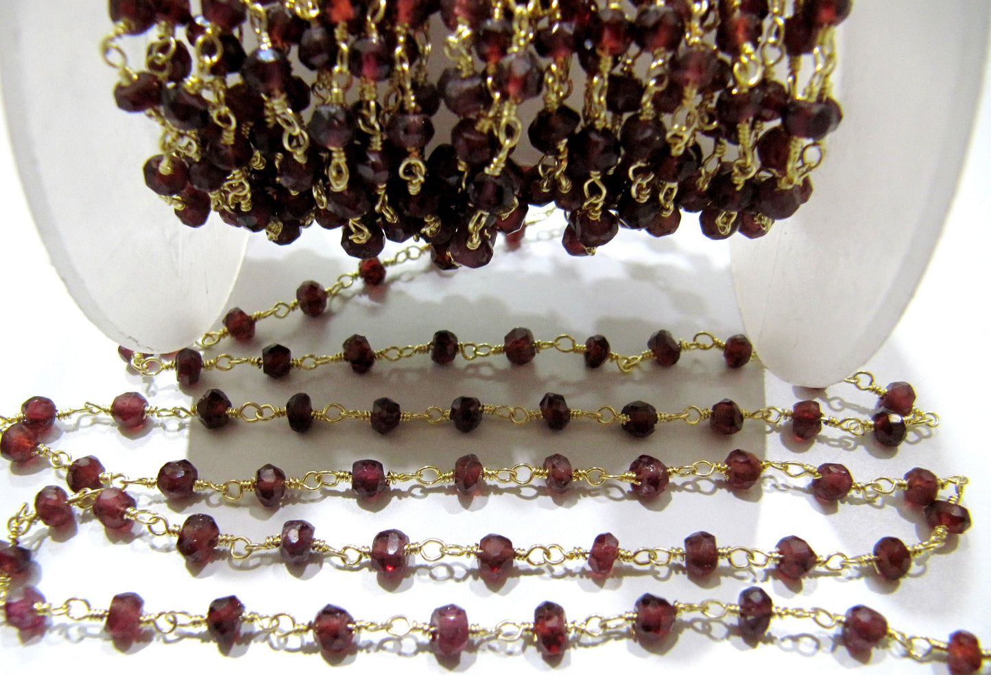 1 Foot-: Natural Garnet rondelle faceted 3-4mm size beaded wire wrapped rosary chain wholesale prices jewelry making chain
