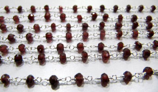 1 Foot-: Natural Garnet rondelle faceted 3-4mm size beaded wire wrapped rosary chain wholesale prices jewelry making chain