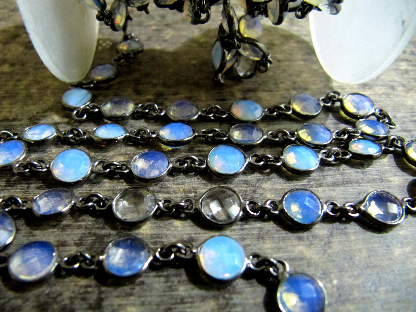 White Opal Round Coin Shape Briolette Faceted Bezel 9mm Size Connector Chain Wholesale Prices Jewelry making Chain sold per foot