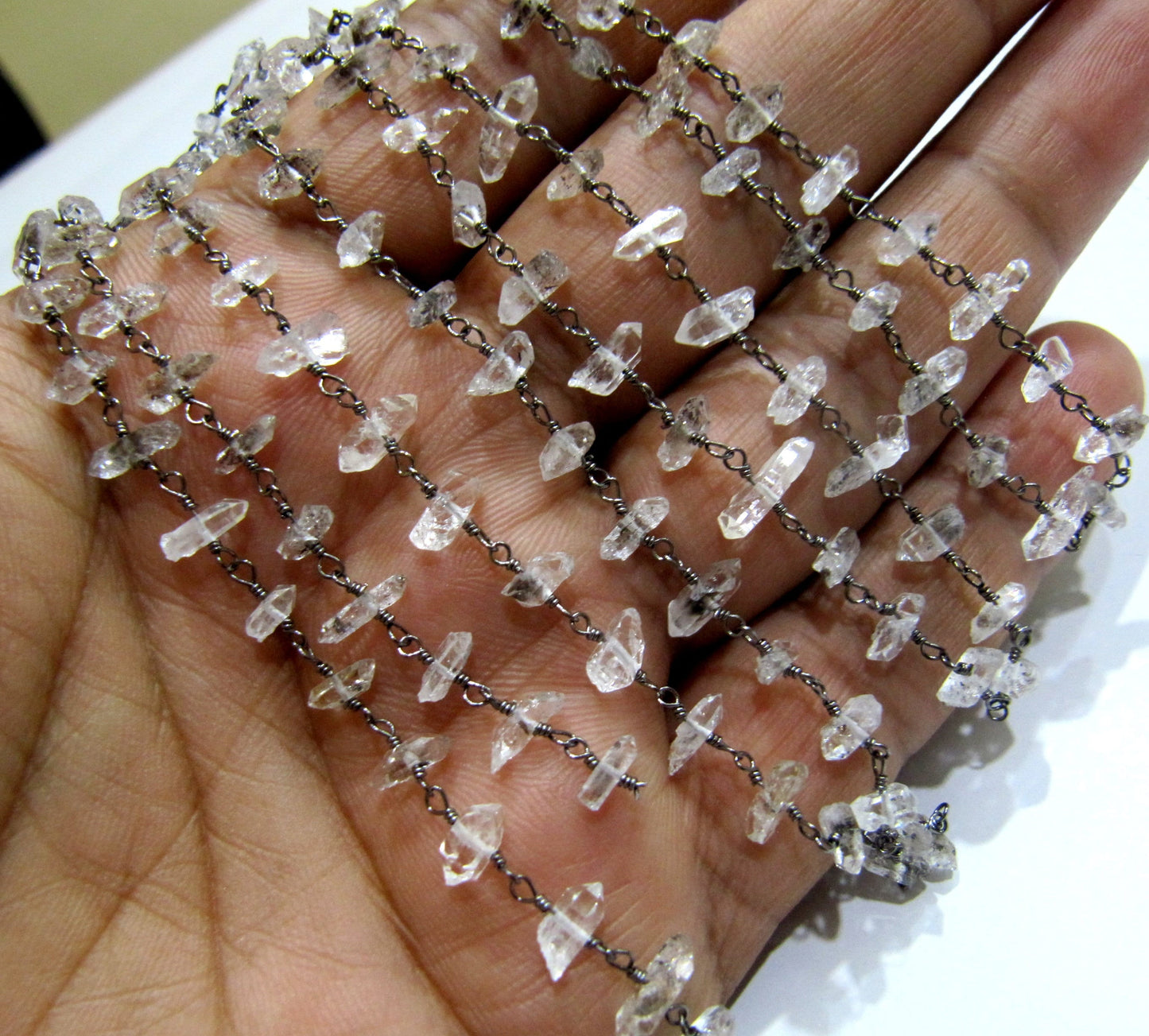 1 Foot -: Natural Herkimer Diamond Quartz irregular Rough  Chip 5 to 8mm Beaded Wire Wrapped Rosary Chain Wholesale Prices