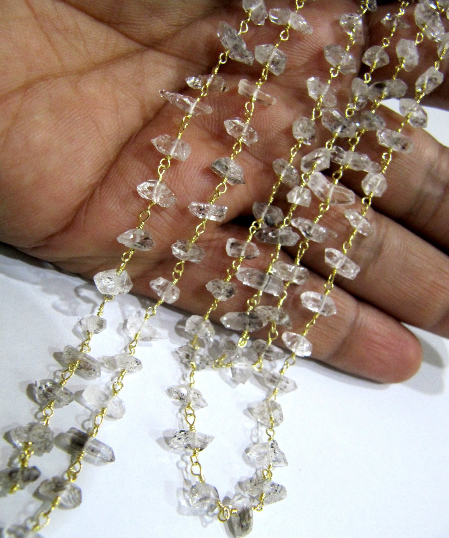 1 Foot -: Natural Herkimer Diamond Quartz irregular Rough  Chip 5 to 8mm Beaded Wire Wrapped Rosary Chain Wholesale Prices