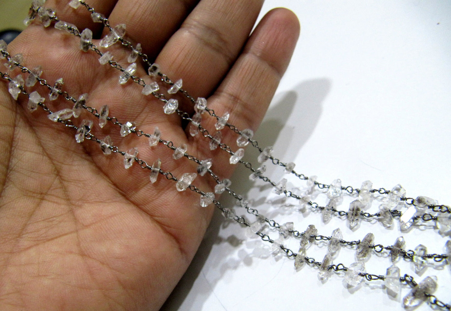1 Foot -: Natural Herkimer Diamond Quartz irregular Rough  Chip 5 to 8mm Beaded Wire Wrapped Rosary Chain Wholesale Prices