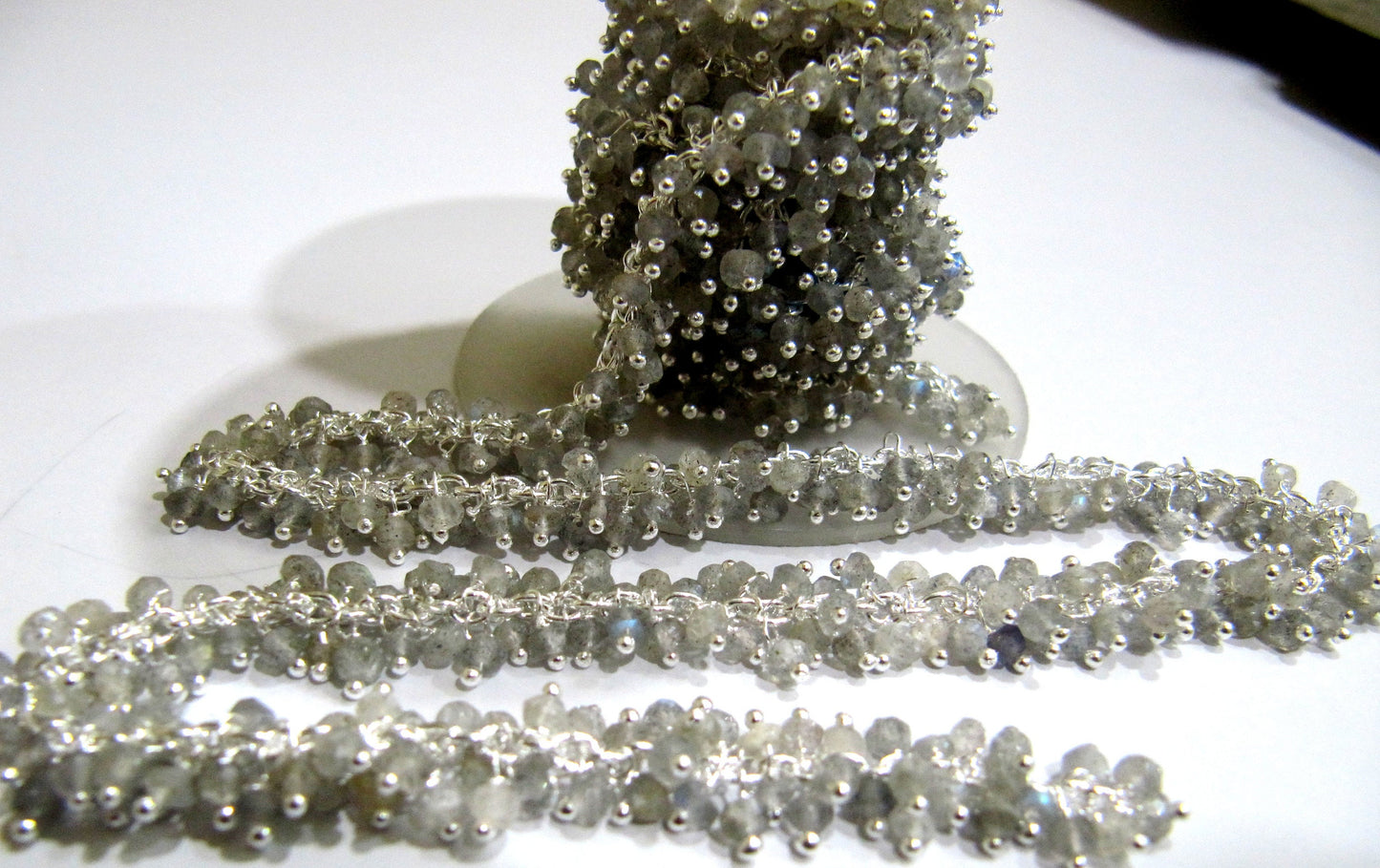 Natural Labradorite Rondelle Micro faceted 3mm Beaded Dangling Cluster Wire Wrapped Rosary Chain Wholesale Prices