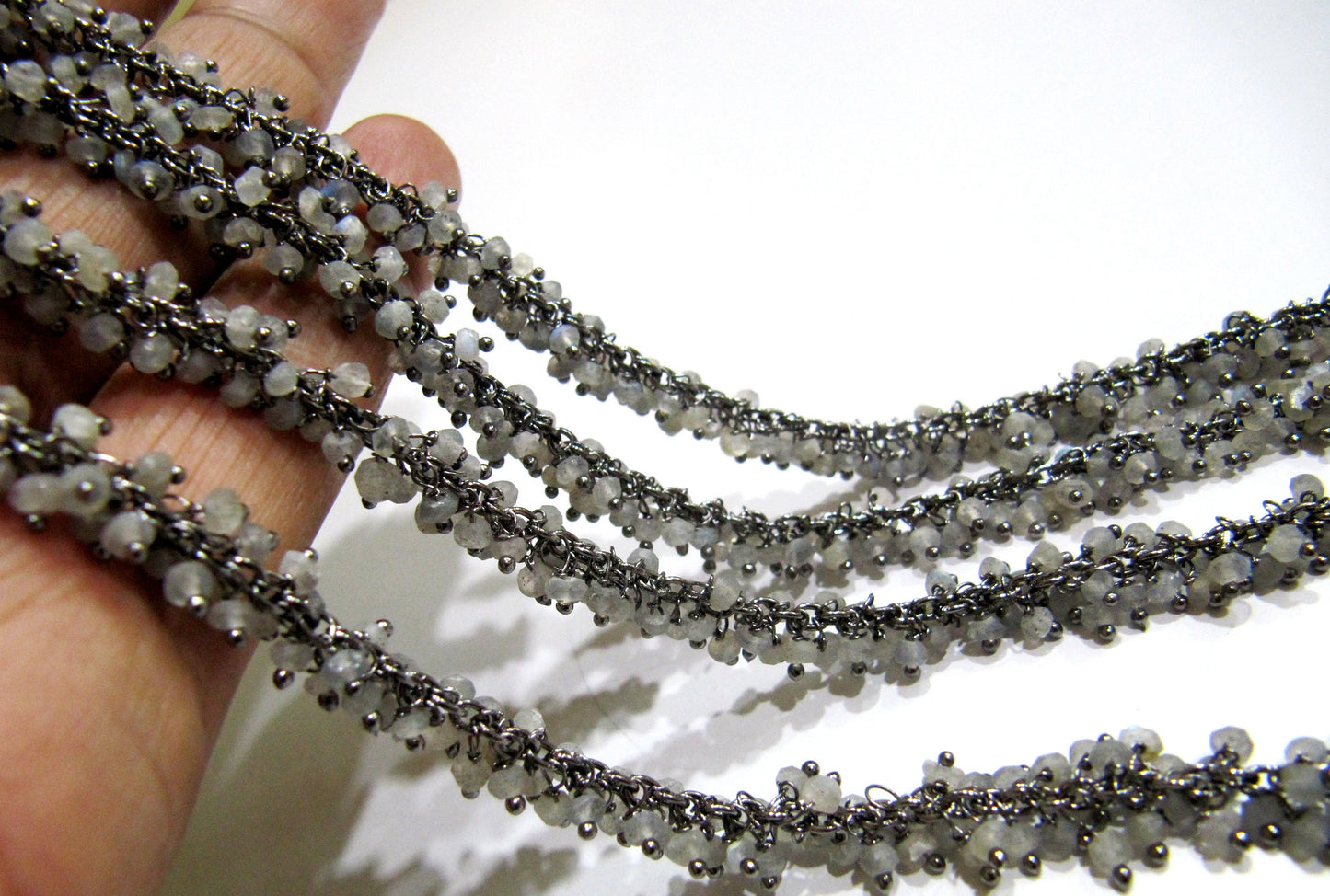 Natural Labradorite Rondelle Micro faceted 3mm Beaded Dangling Cluster Wire Wrapped Rosary Chain Wholesale Prices