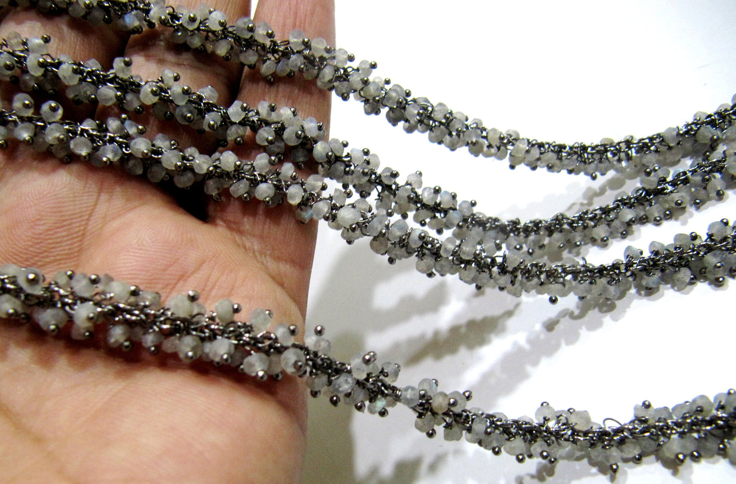 Natural Labradorite Rondelle Micro faceted 3mm Beaded Dangling Cluster Wire Wrapped Rosary Chain Wholesale Prices