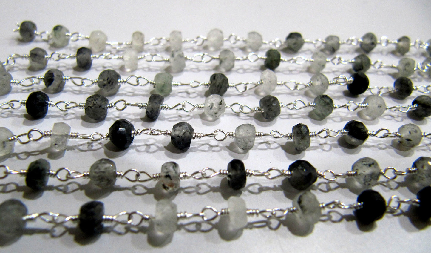 Natural Black Rutilated Quartz Rondelle Faceted 4mm Beaded Wire Wrapped Rosary Chain Wholesale Prices Jewelry making Chain sold per foot