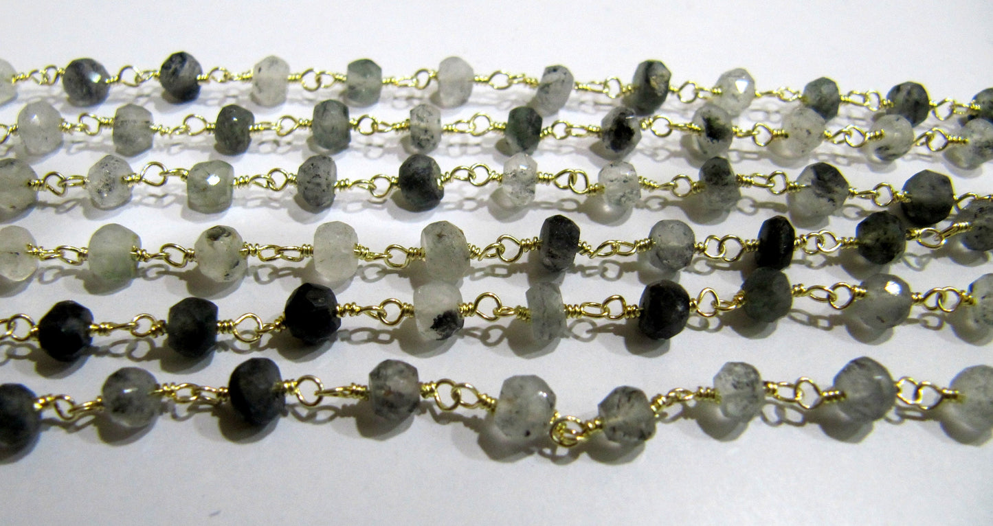 Natural Black Rutilated Quartz Rondelle Faceted 4mm Beaded Wire Wrapped Rosary Chain Wholesale Prices Jewelry making Chain sold per foot