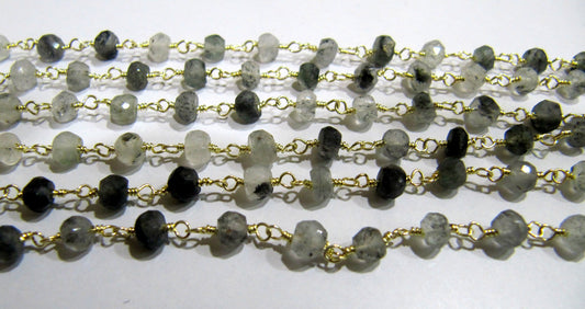 Natural Black Rutilated Quartz Rondelle Faceted 4mm Beaded Wire Wrapped Rosary Chain Wholesale Prices Jewelry making Chain sold per foot