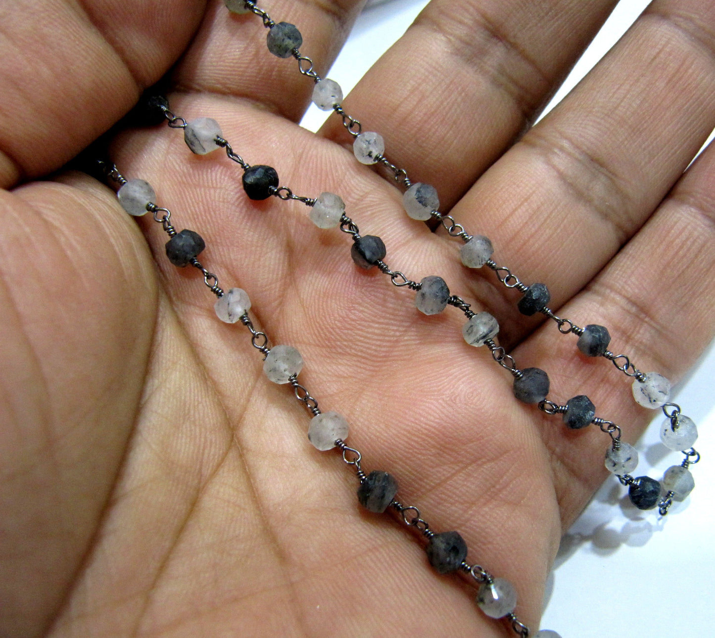 Natural Black Rutilated Quartz Rondelle Faceted 4mm Beaded Wire Wrapped Rosary Chain Wholesale Prices Jewelry making Chain sold per foot