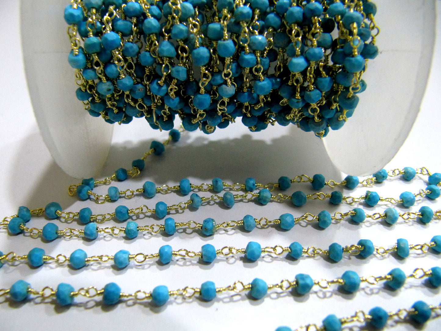 1 Foot -: Turquoise Magnesite Rondelle Faceted 3-4mm Beaded Wire Wrapped Rosary Chain Wholesale Prices Jewelry making chain