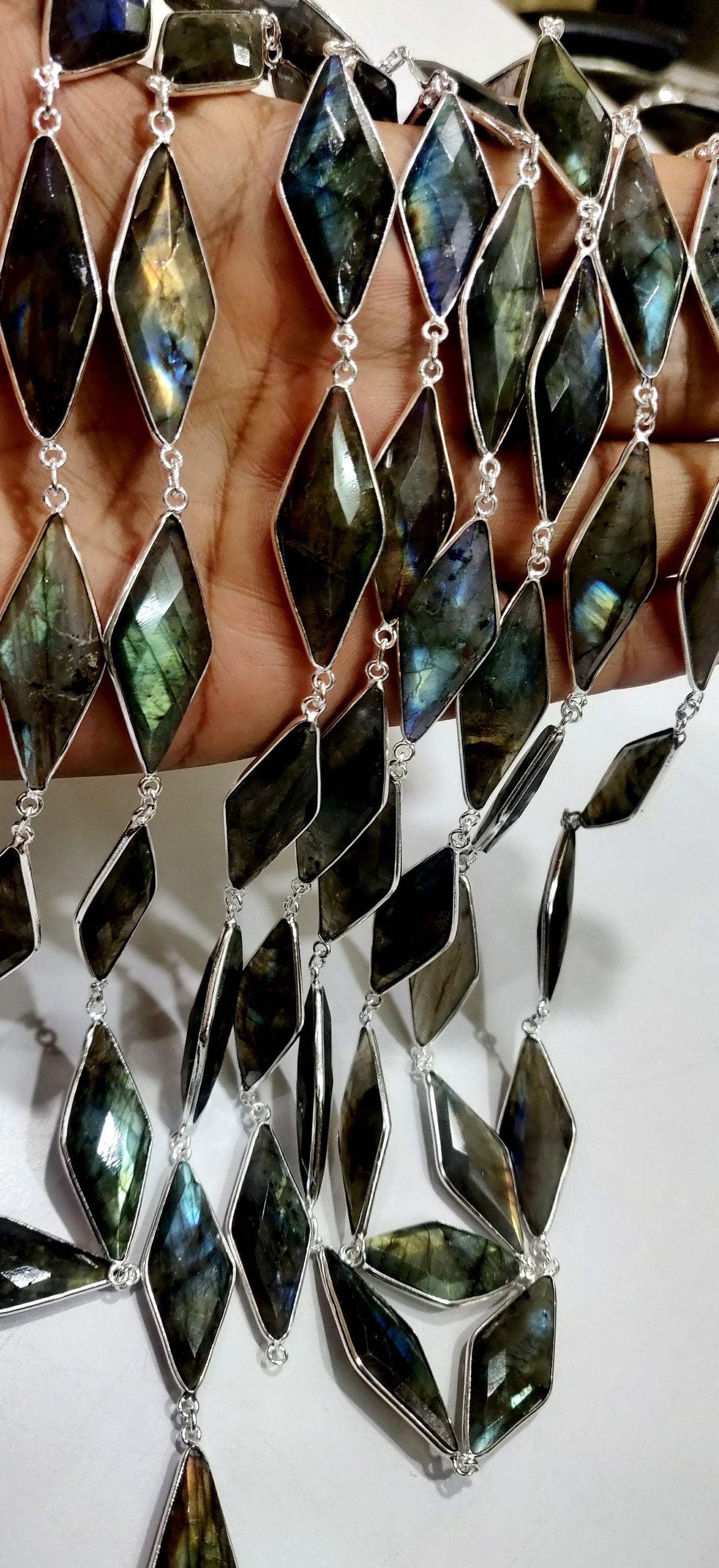 Natural Labradorite  Marquise Fancy Shape Size 14x34mm Laser Cut Briolette Connector Chain Gold/Silver/Black/Rose Gold Plated Sold Per Foot