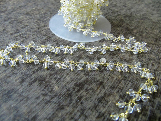 Crystal Quartz Dangling cluster chain Rondelle Faceted beads 3mm chain Beaded Cluster Chain Wholesale Price sold per foot